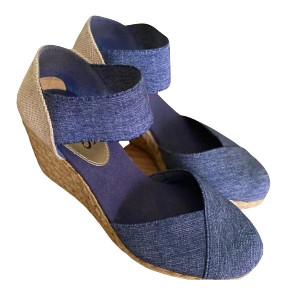 💙 NWOT Chaps Chelsi Espadrilles Boho Sandal Ankle Strap Wedge  - Denim Blue